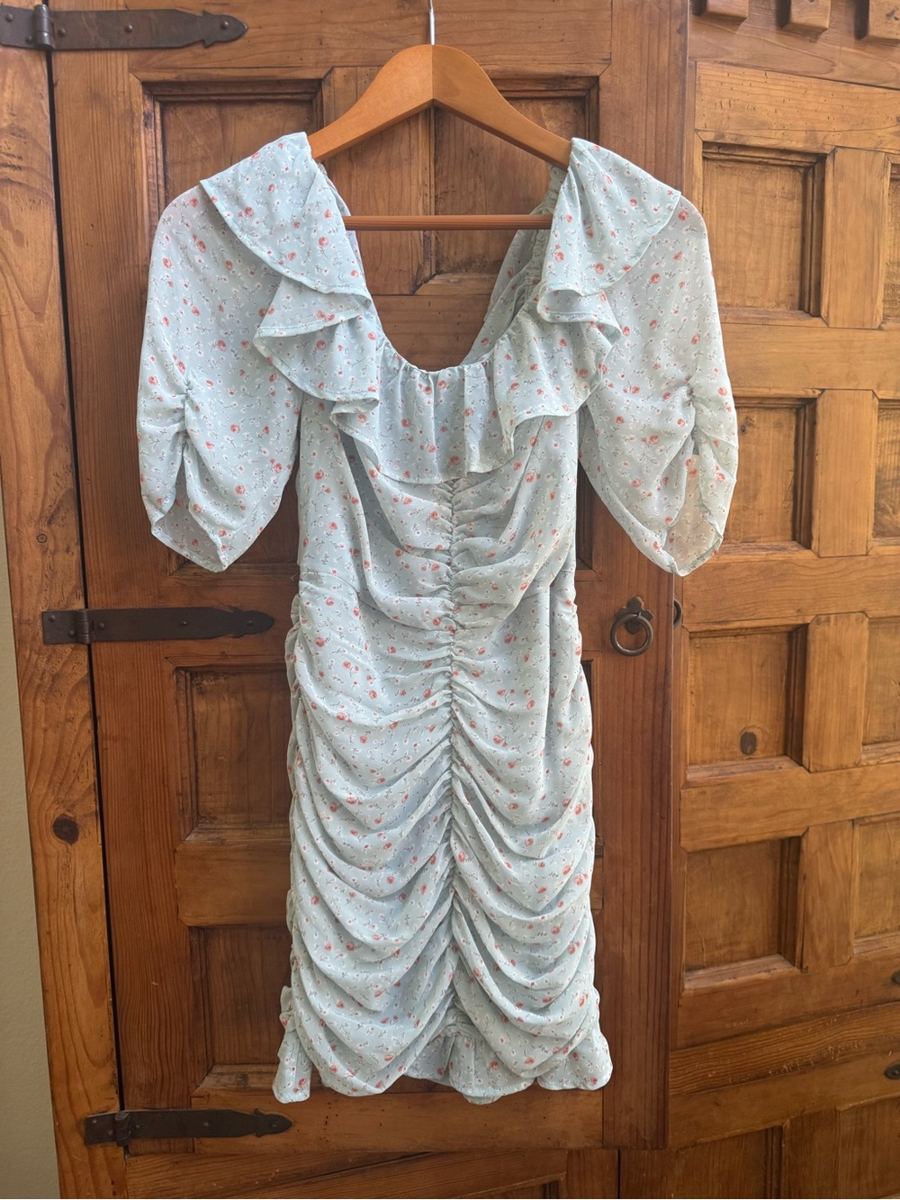 Astr Light Blue Floral Ruffle Ruched Midi Dress